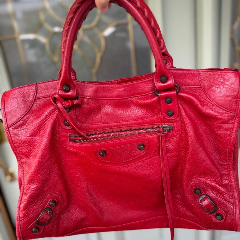 Auth F/W 2015 Balenciaga Red Lipstick Agneau Leather City Shoulder Bag